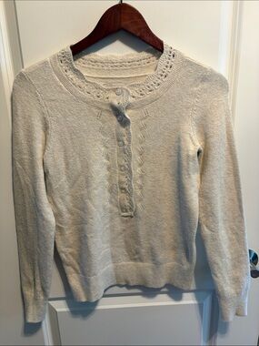 LOFT Cream Lace-Trim Button-Front Crewneck Sweater